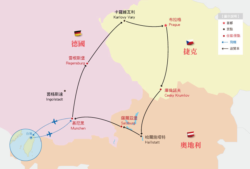 德國-捷克-奧地利-行程地圖